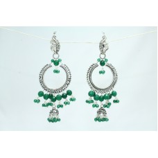 Handmade 925 Sterling Silver Jhumki Earrings Green Onyx Stones Peacock Theme